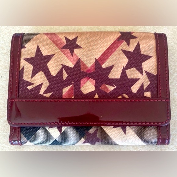 BURBERRY Maroon & Tan Star Print Canvas & Patent Leather Wallet, EUC - Picture 1 of 13